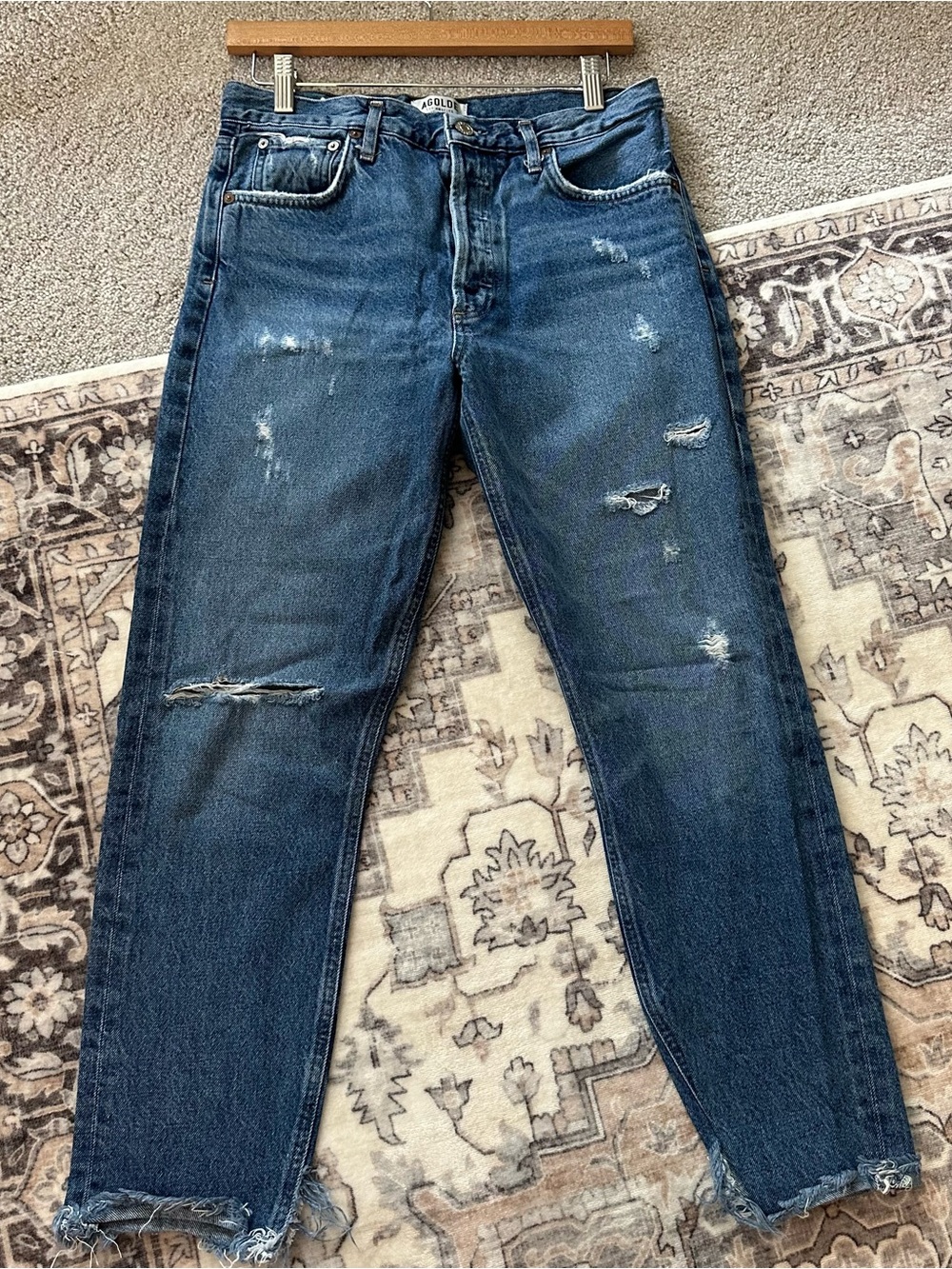 Agolde Distressed Dark Blue Slim Straight Jeans